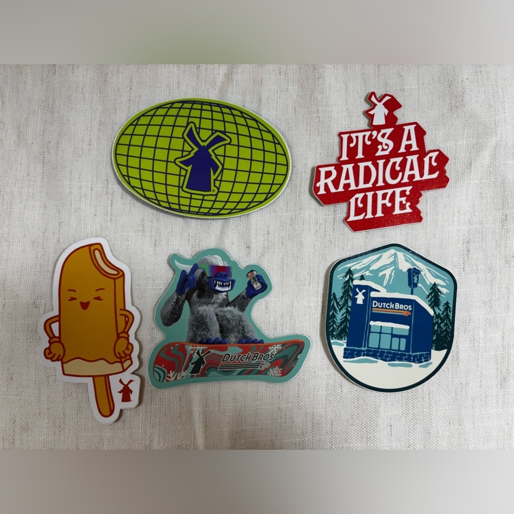 Lot of 5 Dutch Bros Stickers Radical Life Popsicle Globe Cabin Snowboard
